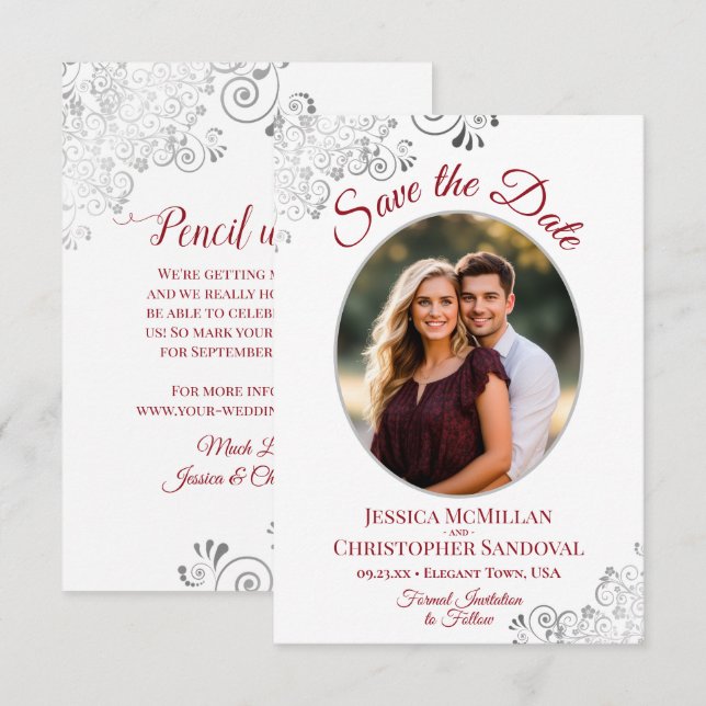 Reserve A Data Casamento de Foto Oval em Branco e Prata & Vermelh (Frente/Verso)