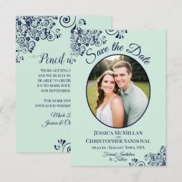 Reserve A Data Casamento de Foto Oval em Verde Menta e Azul Marin