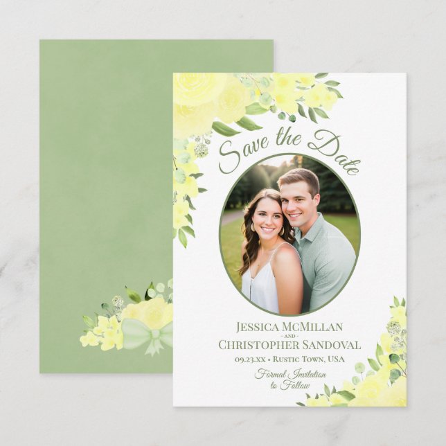 Reserve A Data Casamento de Foto Oval Floral Aquarela Amarela (Frente/Verso)