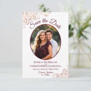 Reserve A Data Casamento de Foto Oval Lace & Burgundy Dourado de 
