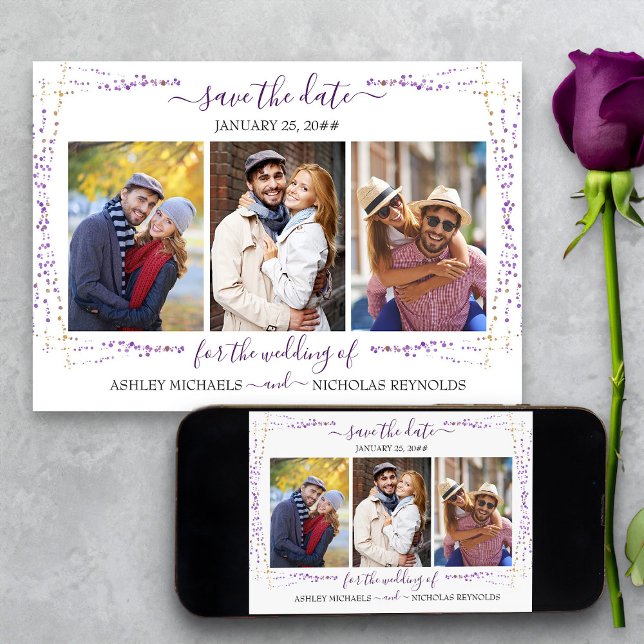 Reserve A Data Casamento de Foto Purple Floral e Confetti 3 (Purple confetti 3 Photo Save the Date from my Plush Purple Wedding Collection)