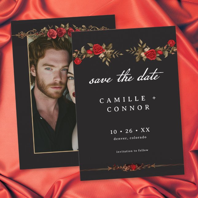 Reserve A Data Casamento de Foto Rosa Vermelha Gótica Até a Morte (Gothic Red Rose Until Death Photo Wedding Save The Date)