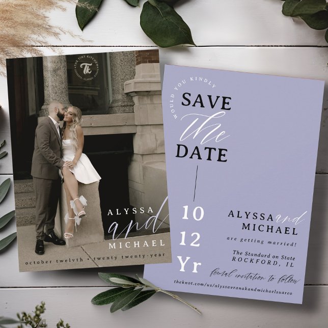Reserve A Data Casamento de Foto Roxo Periwinkle Simples Elegante (Elegant modern photo typography script simple wedding save the date, black, white, periwinkle purple)