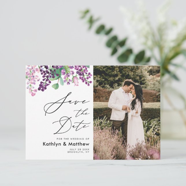 Reserve A Data Casamento de Foto Script de Aquarela Floral Roxa (Em pé/Frente)