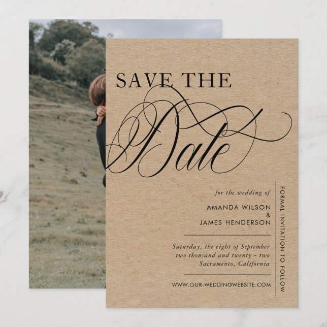 Reserve A Data Casamento de Foto Simples de Textura Kraft Elegant (Frente/Verso)