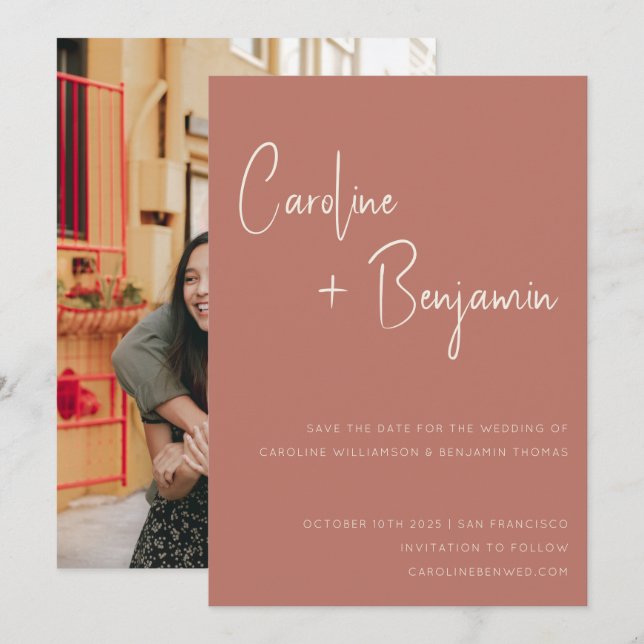 Reserve A Data Casamento de Foto Simples e Moderno do Rosa Terrac (Frente/Verso)