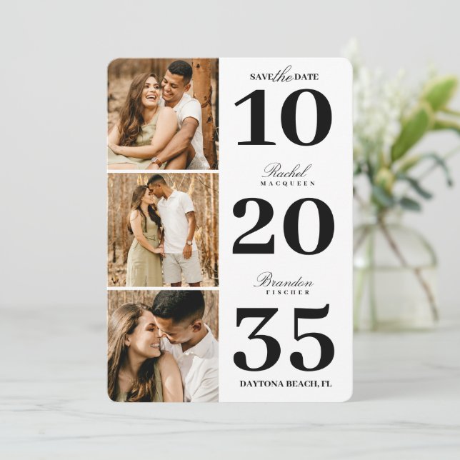 Reserve A Data Casamento de Foto Simples e Preto com Data Branca  (Em pé/Frente)