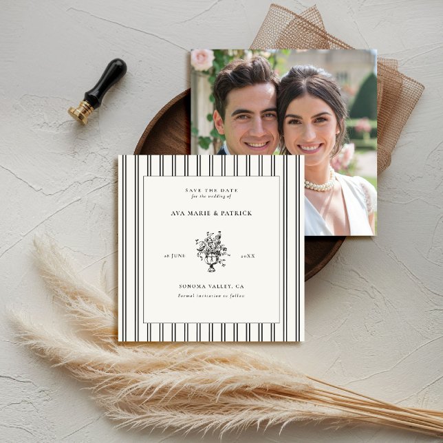 Reserve A Data Casamento De Foto Vase Férrea De Estate Chic Black (elegant wedding save the date photo template chateau estate garden destination black white stripes)