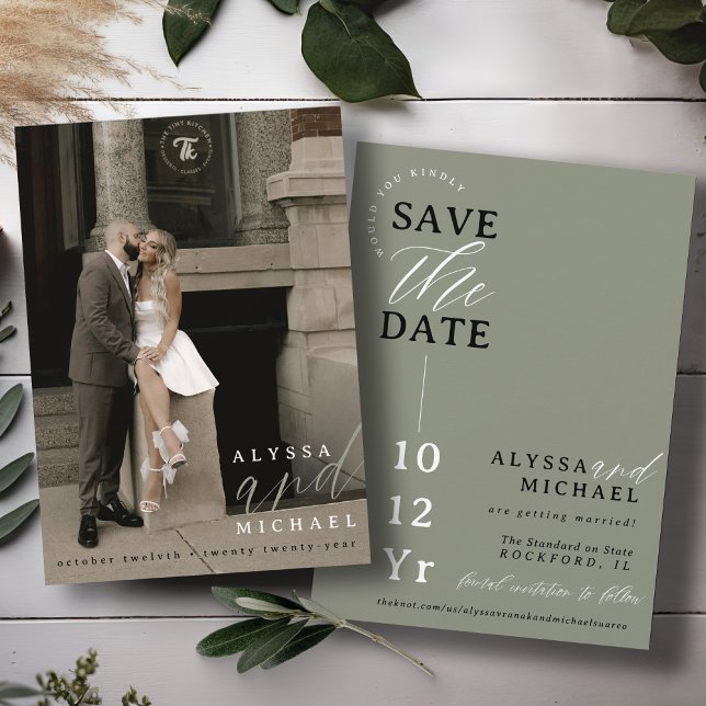 Reserve A Data Casamento de Foto Verde do Sage Moderno Simples El (Elegant modern photo typography script simple wedding save the date, black & white, moss, sage green)
