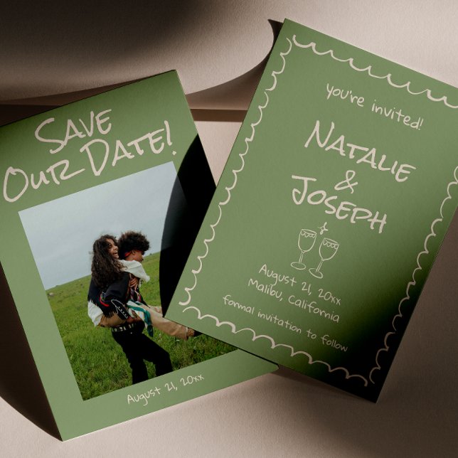 Reserve A Data Casamento de Foto Verde Escrito Desenhado à Mão (Criador carregado)