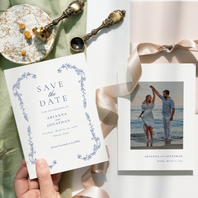 Reserve A Data Casamento de Foto Vitoriana Azul Simples Elegante (Elegant Simple Blue Victorian Photo Wedding Save The Date)