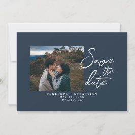 Reserve A Data Casamento de Fotografia com Caligrafia Azul de Mar