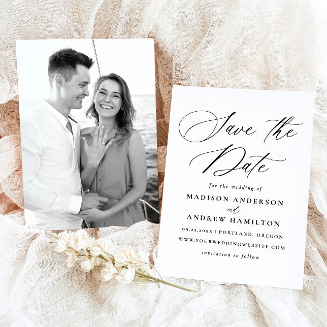 Reserve A Data Casamento de Fotografia de Caligrafia Preta Modern (Criador carregado)