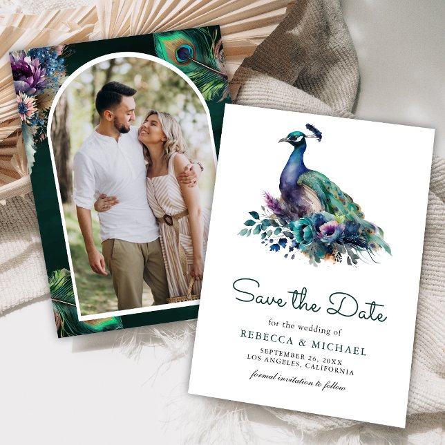 Reserve A Data Casamento de Fotografia de Peacock Floral Emerald  (Criador carregado)