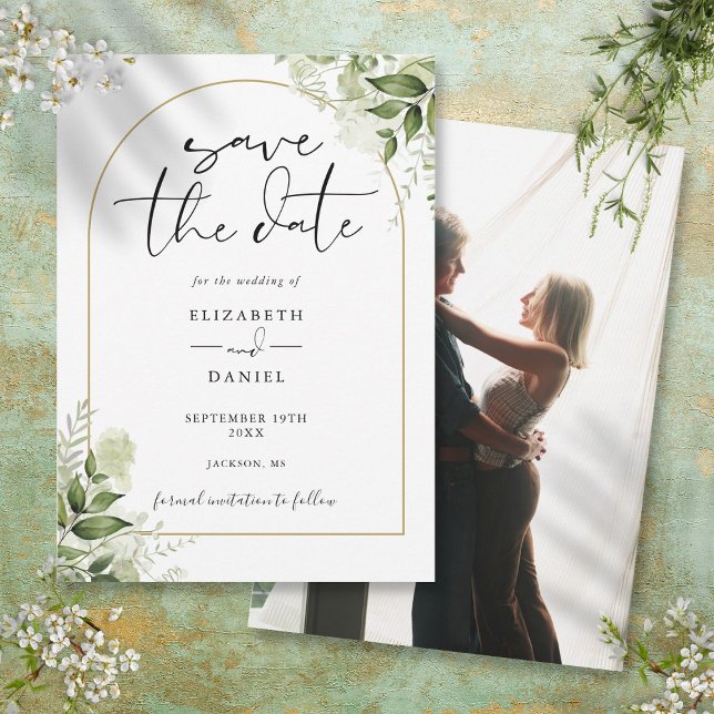 Reserve A Data Casamento de Fotografia em Arco Dourado Rustic Gre (Rustic Greenery Elegant Gold Arch Photo Wedding Save The Date)