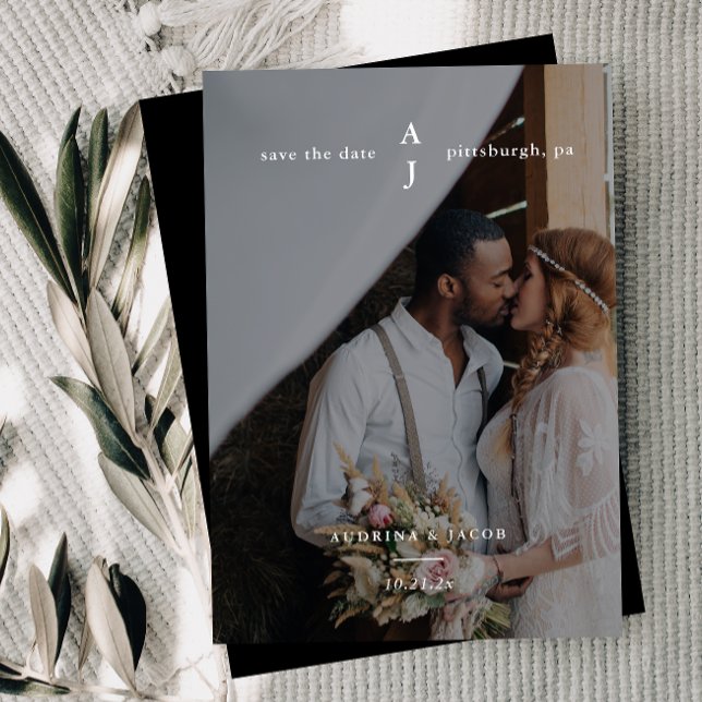 Reserve A Data Casamento de Fotografia Simples em Monograma Preto (Criador carregado)