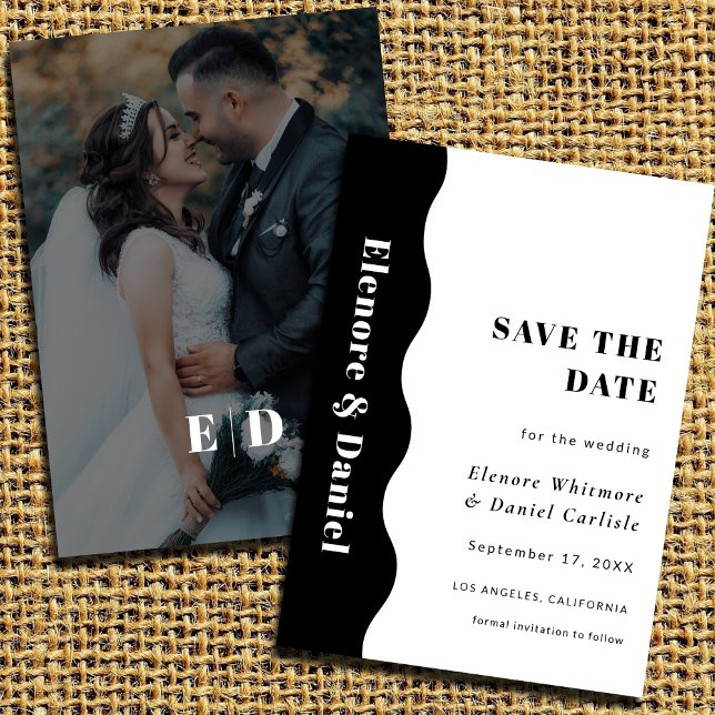 Reserve A Data Casamento de Fotografias a Preto e Branco de Ondas (Simple Side Wave Black and White Photo Wedding Save The Date)