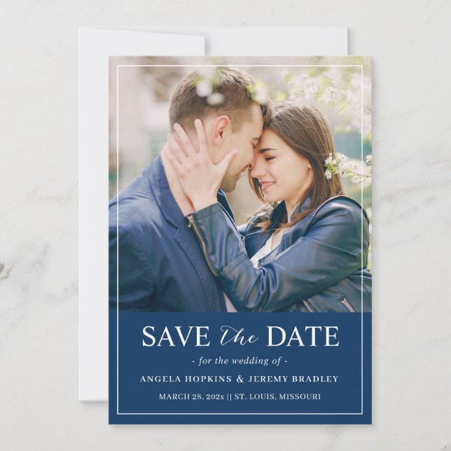 Reserve A Data Casamento de Fotografias Azul com Marinho Simples  (Frente)