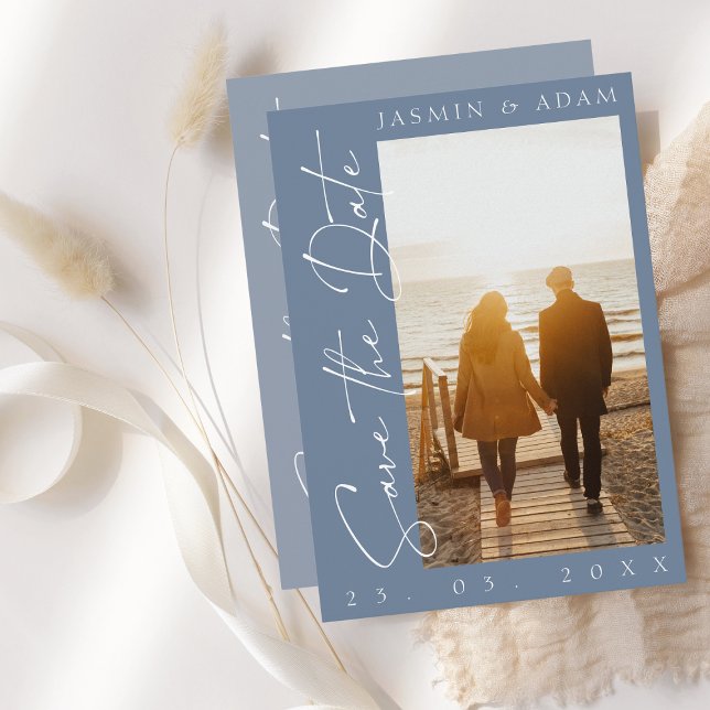 Reserve A Data Casamento de Fotografias com Script Azul Moderno D (Criador carregado)