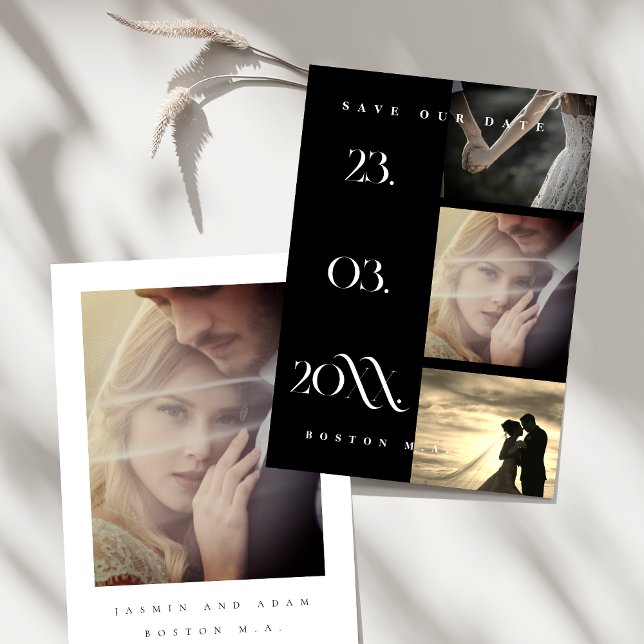 Reserve A Data Casamento de Fotografias com Script Simples Negro  (Minimalist Black Simple Script 3 Photo Wedding Save The Date)
