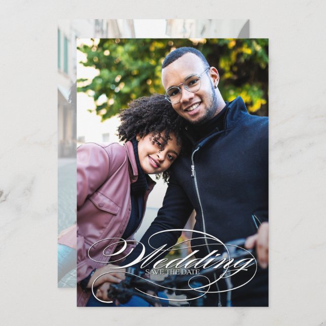 Reserve A Data Casamento de Fotografias de Script Branco Elegante (Frente/Verso)