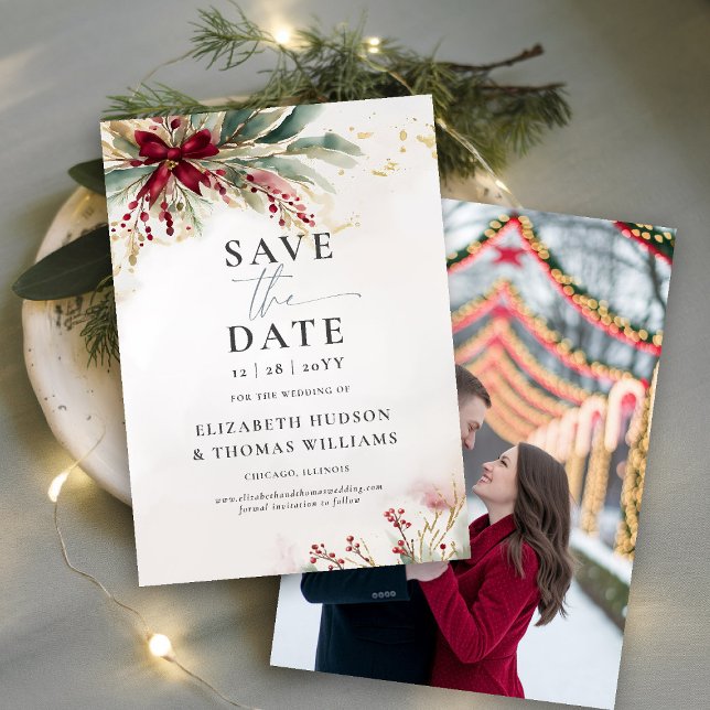 Reserve A Data Casamento de Fotografias do Arco Vermelho dos Verd (winter wedding save the date christmas bow greenery berries watercolor elegant photo template)