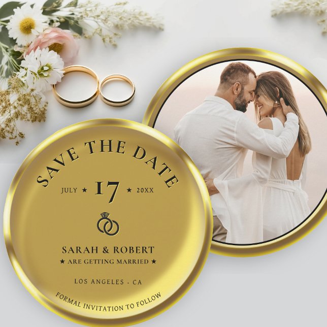 Reserve A Data Casamento de Fotografias Elegante de Moedas Dourad (Gold Coin Elegant Photo Wedding Save The Date)