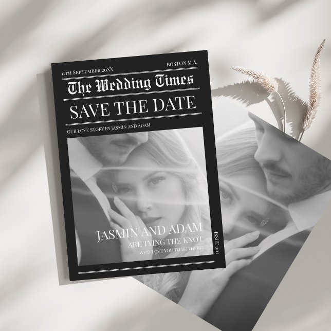 Reserve A Data Casamento de Fotografias Exclusivo do Modo Preto E (Newspaper Black Dark Mode Unique Photo Wedding Save The Date)