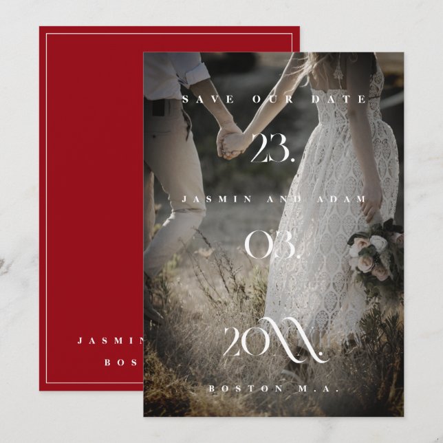 Reserve A Data Casamento de Fotografias Mínimo Branco Vermelho Cr (Frente/Verso)