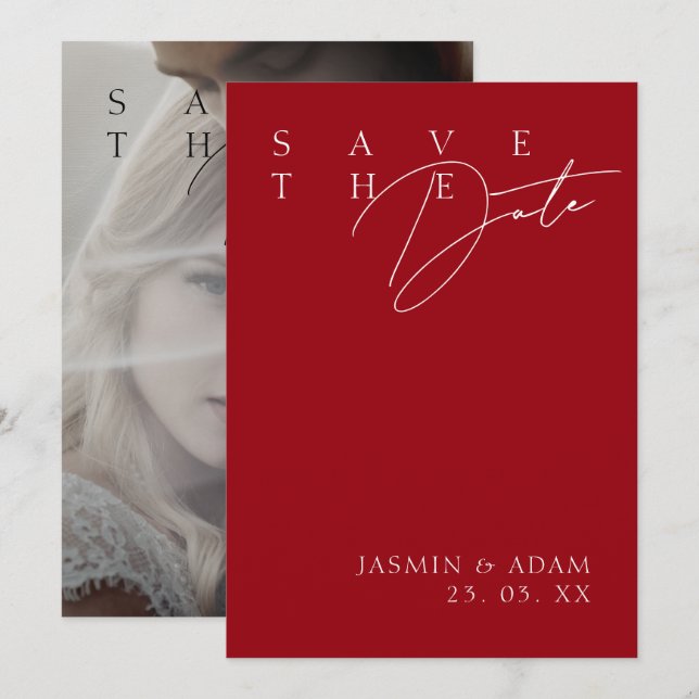 Reserve A Data Casamento de Fotografias Modernas Brancas Vermelha (Frente/Verso)