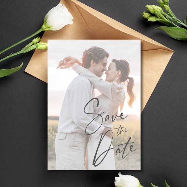 Reserve A Data Casamento de Fotografias Modernas de Script Elegan (Elegant Script Modern Photo Wedding Save The Date)