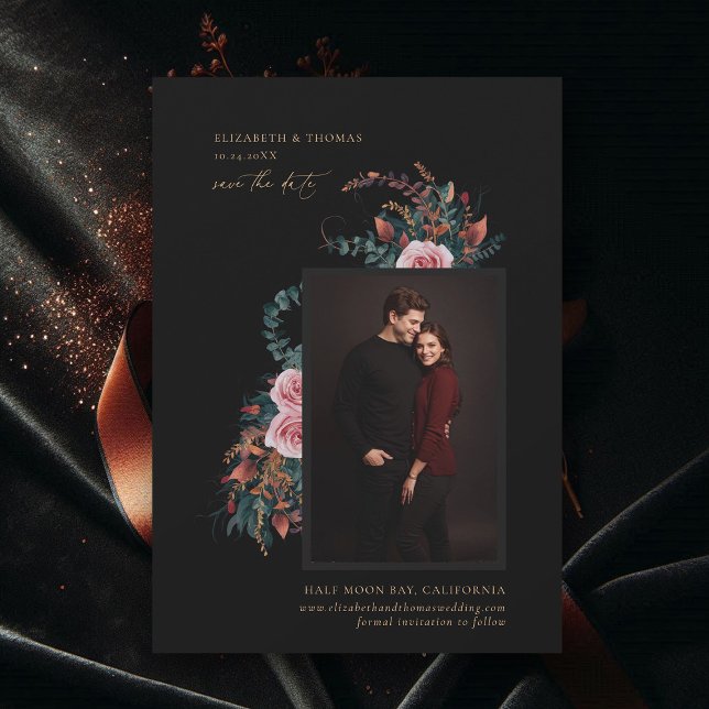 Reserve A Data Casamento de Fotografias Românticas de outono Escu (wedding save the date moody dark romantic fall autumn floral black botanical rust copper photo)