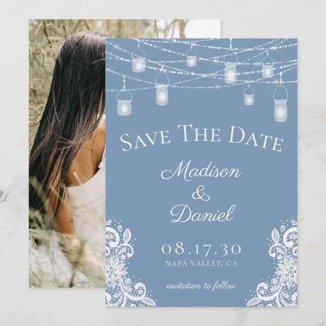 Reserve A Data Casamento de Fotografias Rustic Dusty Blue Lights (Frente/Verso)