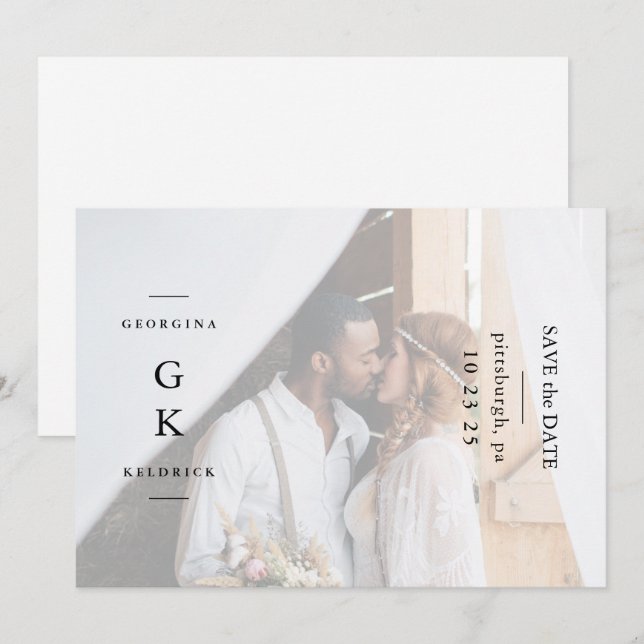 Reserve A Data Casamento de Fotografias Simples em Monograma Negr (Frente/Verso)
