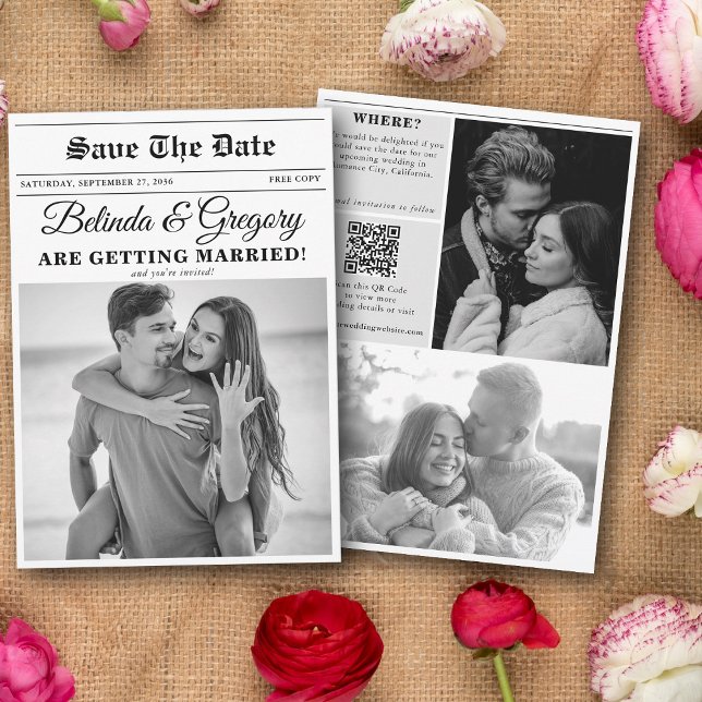 Reserve A Data Casamento de Fotos Brancas e Negras (Wedding Newspaper Fun Black & White Photo Wedding Save The Date)