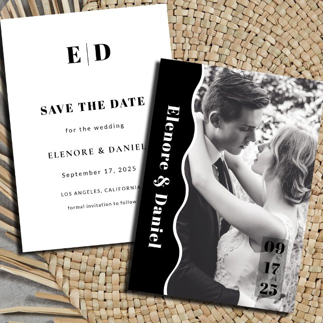 Reserve A Data Casamento de Fotos Branco e Preto das Ondas Latera (Modern Side Wave Black and White Photo Wedding Save The Date)