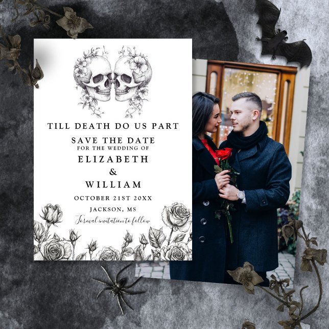 Reserve A Data Casamento de Fotos Floral de Skulls Till Death Got (Till Death Gothic Skulls Floral Photo Wedding Save The Date)