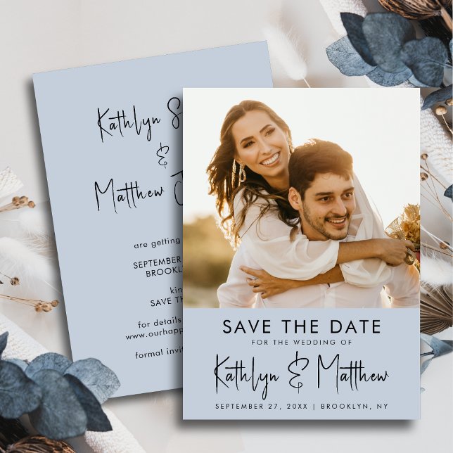 Reserve A Data Casamento de Fotos Moderno com Script Azul Dusty (Criador carregado)