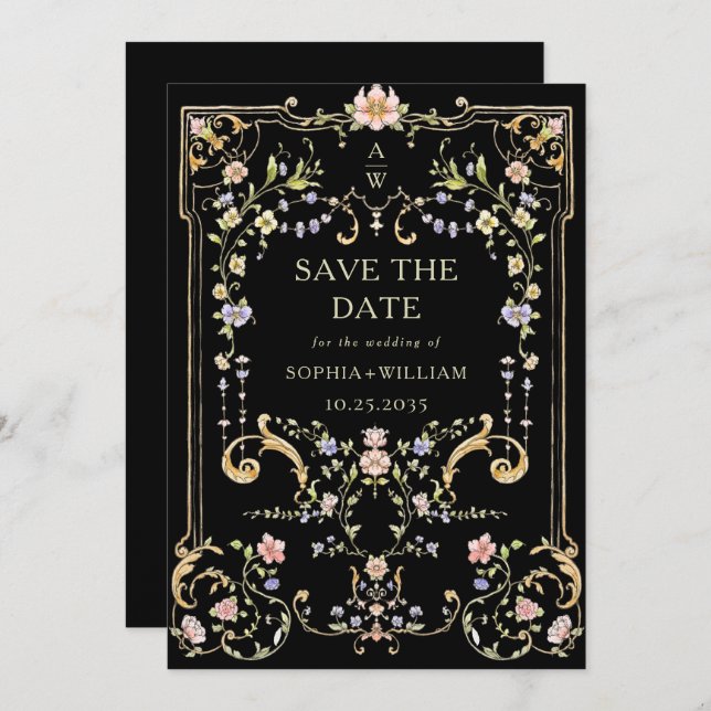 Reserve A Data Casamento de Frame Floral, Ornamentado Vitoriano G (Frente/Verso)