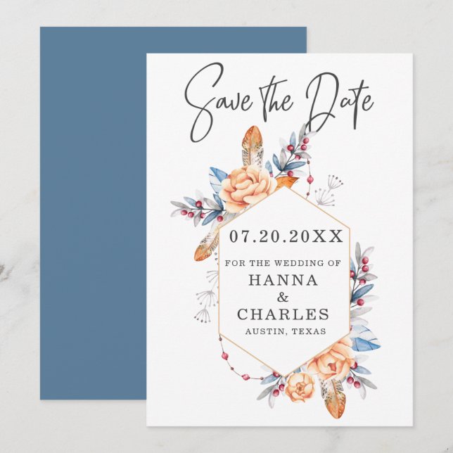 Reserve A Data Casamento de Frame Geométrico Floral Laranja Cinza (Frente/Verso)