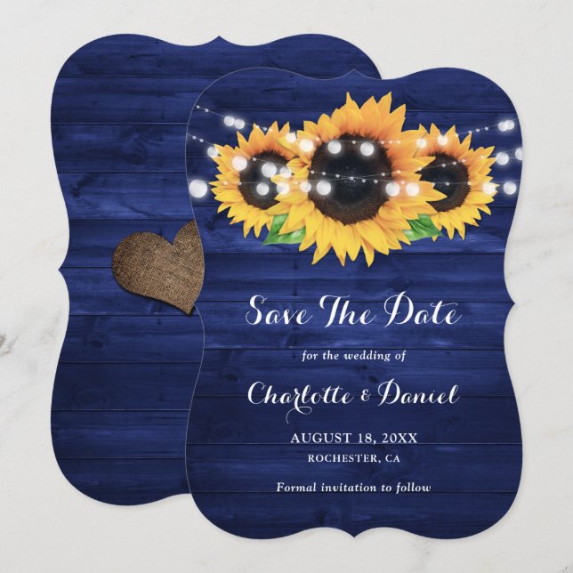 Reserve A Data Casamento de Girassóis de Madeira Azul Naval Rústi (Frente/Verso)