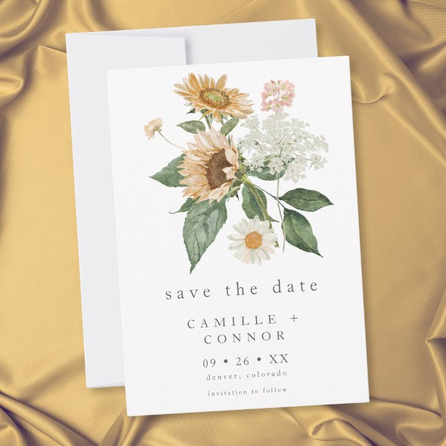 Reserve A Data Casamento de Girassóis Florais Rústicos de Flores  (Rustic Floral Sunflower Wildflower Wedding Save The Date)