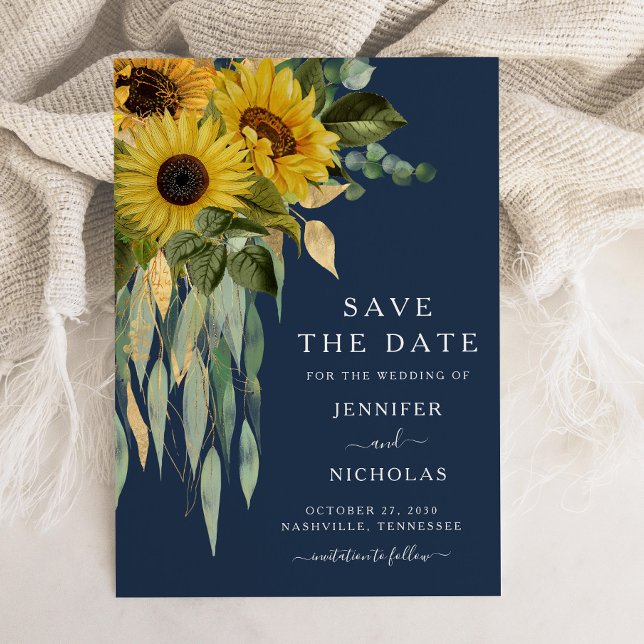 Reserve A Data Casamento de Girassóis Rústicos Azul Marinho (Navy Blue Sunflower Eucalyptus Wedding Save The Date)