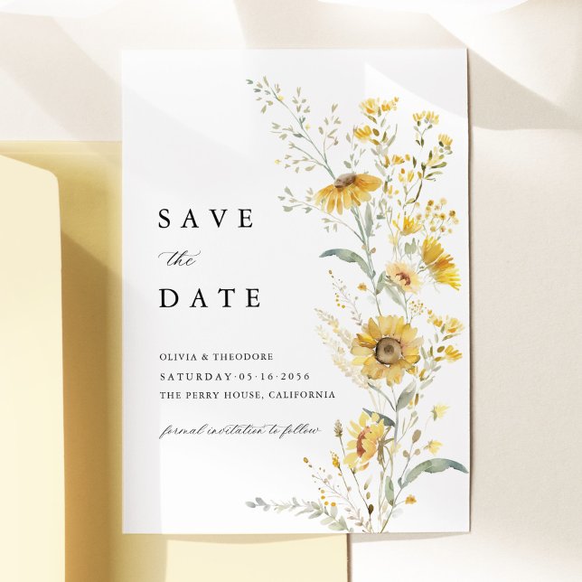 Reserve A Data Casamento de Girassol Flor Silvestre Amarela (Yellow sunflower wildflower save the date card watercolor floral elegant garden wedding stationery)