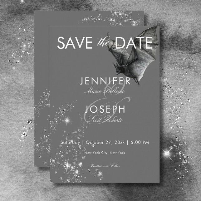 Reserve A Data Casamento de Glam Bat e Diamantes do Halloween Neg (Dark Halloween Glam Bat & Diamonds Wedding Save The Date)