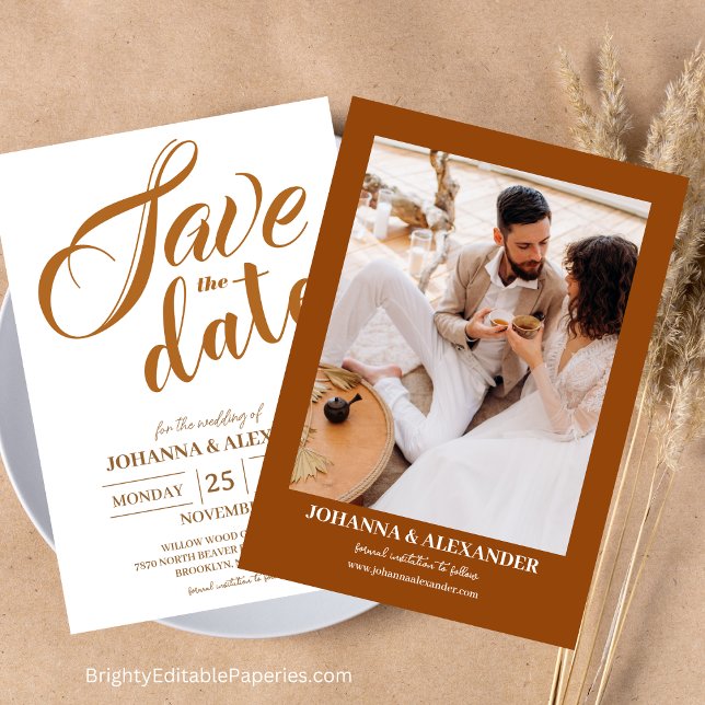 Reserve A Data Casamento de Grass Boho Pampas, Foto do Modern Ter (Experience the Charm of Pampas Grass with Our Modern Terracotta Boho Wedding Invitations.)