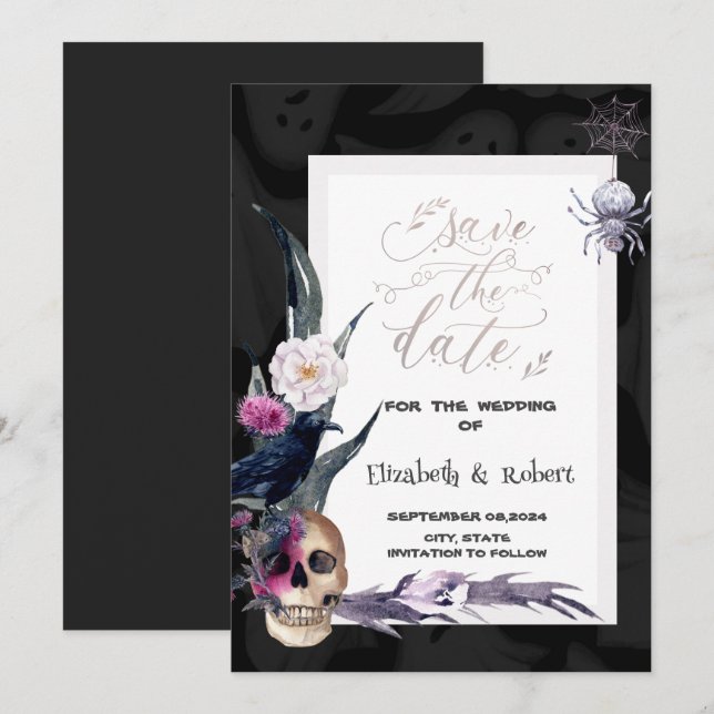 Reserve A Data Casamento de Halloween com Crânio Floral  (Frente/Verso)