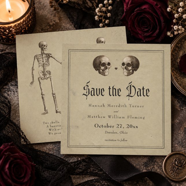 Reserve A Data Casamento de Halloween com Esqueleto Gótico Antigo (Criador carregado)