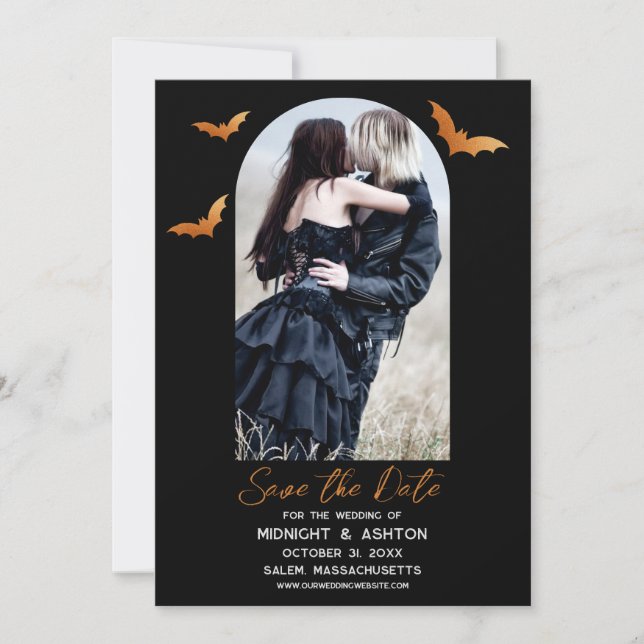Reserve A Data Casamento de Halloween do Bats Arch Salva a Data (Frente)