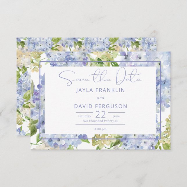 Reserve A Data Casamento de Hydrangea Branco Azul Periwinkle (Frente/Verso)